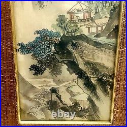 Vintage Japanese Woodblock Print 4 Panel Signed Framed Water Mountain Landscape