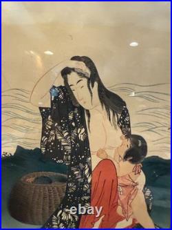 Vintage Japanese Woodblock Print AMA-SEA NYMPH Kitagawa Utamaro FRAMED 9.5 X 14