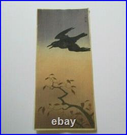 Vintage Japanese Woodblock Print Antique Flying Crow Rare Sunset Landscape Glow