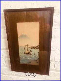 Vintage Japanese Woodblock Print Aoki Seiko Mt Fuji And Sailboats Original Frame