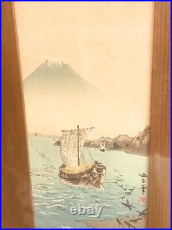 Vintage Japanese Woodblock Print Aoki Seiko Mt Fuji And Sailboats Original Frame