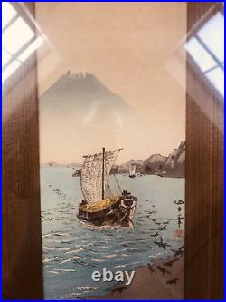 Vintage Japanese Woodblock Print Aoki Seiko Mt Fuji And Sailboats Original Frame