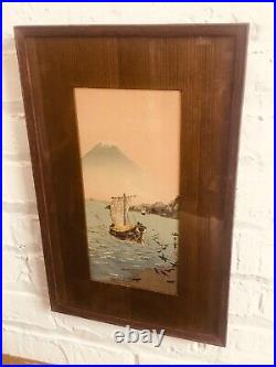 Vintage Japanese Woodblock Print Aoki Seiko Mt Fuji And Sailboats Original Frame