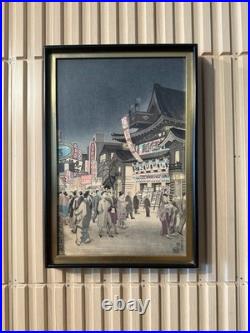 Vintage Japanese Woodblock Print Night Street Scene with Theater & Crowd Vintage Japanese Woodblock Print Night Street Scene with Theater & Crowd