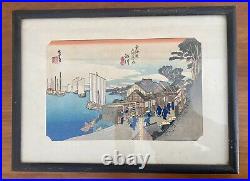 Vintage Japanese Woodblock Print Signed & Framed Early 1900's Harbor & Boats