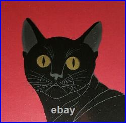 Vintage Japanese Woodblock Print Tadashida Nishige Black Cat Looking Back Gold