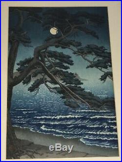 Vintage Japanese Woodblock Print Toko Ishiwata Koitsu Moon at Enoshima Beach