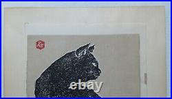 Vintage Sadanobu Hasegawa Black Cat Japanese Woodblock Prints Art Midcentury