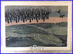 Vintage Tamami Shima Japanese Woodblock Print Birds Trees 68/100 1962 23 X 16