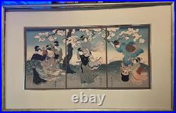 Vintage Triptych Japanese Woodblock Print Art Utagawa Toyokuni Flower Drift