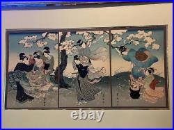 Vintage Triptych Japanese Woodblock Print Art Utagawa Toyokuni Flower Drift