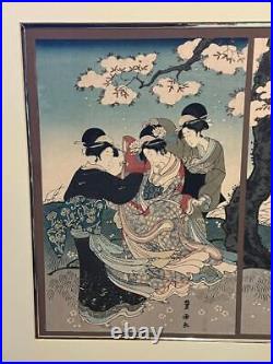 Vintage Triptych Japanese Woodblock Print Art Utagawa Toyokuni Flower Drift