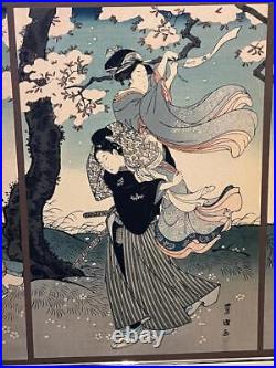 Vintage Triptych Japanese Woodblock Print Art Utagawa Toyokuni Flower Drift