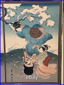 Vintage Triptych Japanese Woodblock Print Art Utagawa Toyokuni Flower Drift