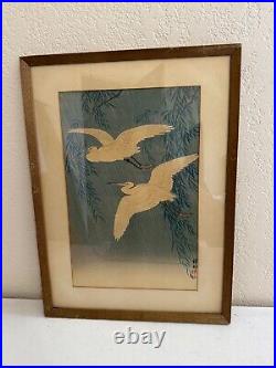 Vtg Antique Japanese Ohara Koson Hoson Woodblock Print Two Egrets & Willow Tree