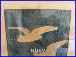 Vtg Antique Japanese Ohara Koson Hoson Woodblock Print Two Egrets & Willow Tree