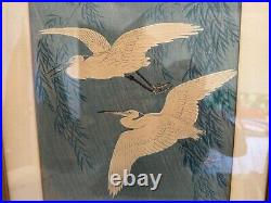 Vtg Antique Japanese Ohara Koson Hoson Woodblock Print Two Egrets & Willow Tree