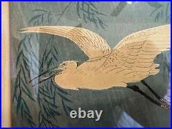 Vtg Antique Japanese Ohara Koson Hoson Woodblock Print Two Egrets & Willow Tree