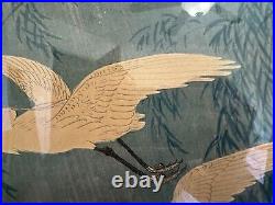 Vtg Antique Japanese Ohara Koson Hoson Woodblock Print Two Egrets & Willow Tree