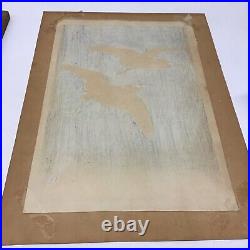 Vtg Antique Japanese Ohara Koson Hoson Woodblock Print Two Egrets & Willow Tree