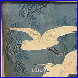 Vtg Antique Japanese Ohara Koson Hoson Woodblock Print Two Egrets & Willow Tree