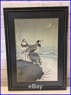 Vtg Antique Ohara Koson Shoson Japanese Woodblock Print Three Plover Birds Rock