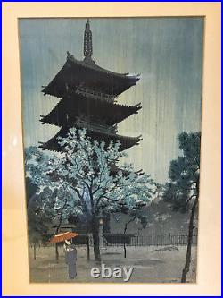 Vtg Antique Shiro Kasamatsu Woodblock Print Pagoda Evening Rain at Dusk Yanaka