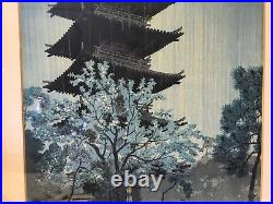 Vtg Antique Shiro Kasamatsu Woodblock Print Pagoda Evening Rain at Dusk Yanaka