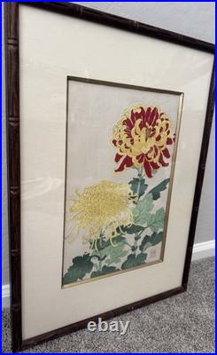 Vtg Lot 2 Ukiyo-E Woodblock Print Blue Iris Chrysanthemums Bamboo Frame Japan