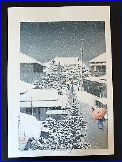 WB Hasui Kawase Japanese Woodblock Prints umbrella Antique Ukiyo-e Snow winter