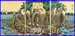 WB Hiroshige Japanese Woodblock Prints Antique Ukiyo-e Sea Mt Fuji Ship Triptych