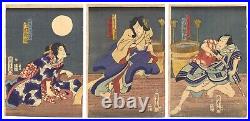 WB Kunisada II Japanese Woodblock Prints Antique Ukiyo-e Samurai Bushi Triptych