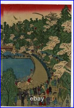 WB Nobukazu Japan Woodblock Prints Antique Meiji Ukiyo-e Sakura Pond Triptych