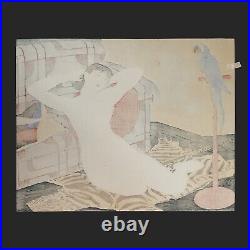 WB Toraji Ishikawa Japanese Woodblock Prints Asian Antique Ukiyo-e Parakeet Nude