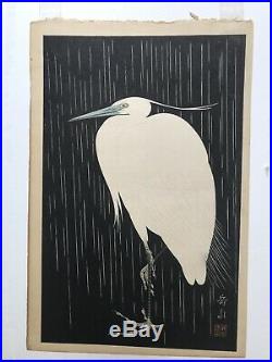 White Heron In Rain, Dramatic Japanese Woodblock Print. Gakusui, c. 1950