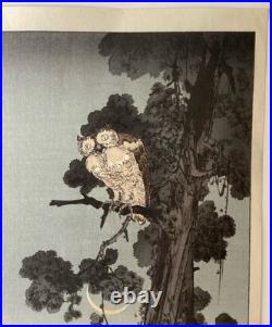 Woodblock Print Gesso Yoshimoto Moon and Scops Owl (Tentative Title) Shinhanga