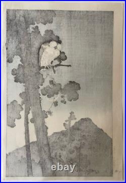 Woodblock Print Gesso Yoshimoto Moon and Scops Owl (Tentative Title) Shinhanga Woodblock Print Gesso Yoshimoto Moon and Scops Owl (Tentative Title) Shinhanga