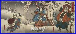 Woodblock Print Utagawa Hirosada Kabuki theater triptych in snow
