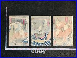 Y6422 WOODBLOCK PRINT Kunichika triptych actor Kabuki Japan Ukiyoe antique art