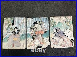 Y6589 WOODBLOCK PRINT Kunisada Kabuki triptych Japan Ukiyoe antique art vintage