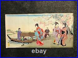 Y7046 WOODBLOCK PRINT Chikanobu triptych Cherry blossoms Japan Ukiyoe antique