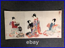 Y7855 WOODBLOCK PRINT Chikanobu triptych beautiful woman Japan Ukiyoe antique