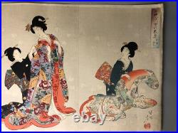 Y7855 WOODBLOCK PRINT Chikanobu triptych beautiful woman Japan Ukiyoe antique