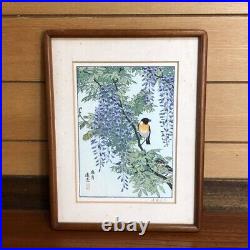 YOSHIDA TOSHI Flower bird, wisteria flower Signed Original Woodblock Print Art