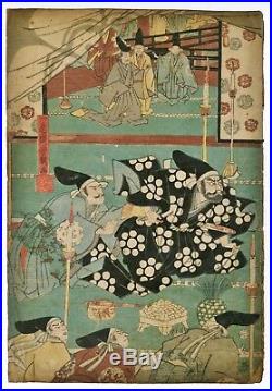 YOSHIIKU ORIG Japanese Woodblock Diptych Print Samurai