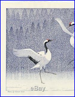 Yoshida Toshi JAPANESE Woodblock Print SHIN HANGA Seirei no Mai Dancing Cranes