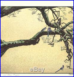 Yoshida Toshi Plum tree and Blue Magpie 1951 Japanese Woodblock Print F/S