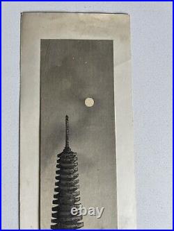 Yoshimoto Gesso Japanese Woodblock Print Tanzaku Stone Pagoda Under Moon Light