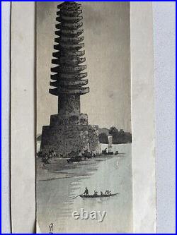 Yoshimoto Gesso Japanese Woodblock Print Tanzaku Stone Pagoda Under Moon Light