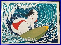 Yoshio Okada Rare 1974 Surfer Girl Original Woodblock Oban Print #61 of 100